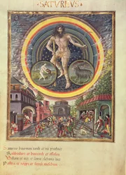 C129 Saturne avec les signes zodiacaux du Verseau et du Capricorne, extrait de "De Sphaera", vers 1470 (vélin)