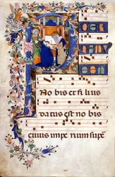La circoncision du Christ dans une lettrine P. Partition (Choral) du 15e siècle par Cristoforo Cortese (première moitié du 15e siècle). Biblioteca Brera, Milan