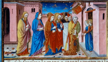 Illumination représentant Marie reçue par les vierges du Temple, dans le Codex De Predis