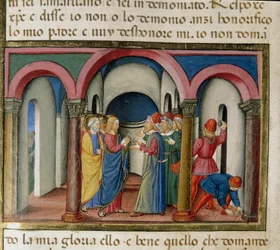 Jésus est interpellé près du temple de Salomon par des Juifs qui lui demandent de prouver son identité Miniature de Cristoforo De Predis