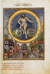 Saturne avec les signes du zodiaque du Verseau et du Capricorne. Les scènes de jeu et son influence sur les hommes