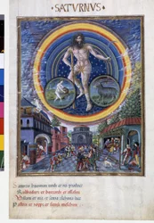 Saturne avec les signes du zodiaque du Verseau et du Capricorne. En bas, les scènes de jeu et son influence sur les hommes. Miniature réalisée par Cristoforo de Predis (v. 1440-v. 1486) - dans 