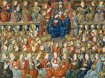 « Le Jour du Jugement dernier ». Au centre, le couronnement de la Vierge avec la Sainte Trinité