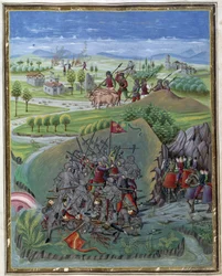 Influence du soleil : Guerre. Miniature réalisée par Cristoforo de Predis (v. 1440-v. 1486) - dans "De Sphaera" d