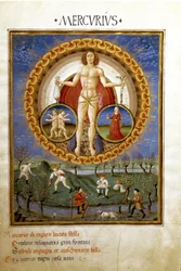 Mercure avec les signes du zodiaque de la Vierge et des Gémeaux. Paysans travaillant dans les champs (miniature, vers 1470)