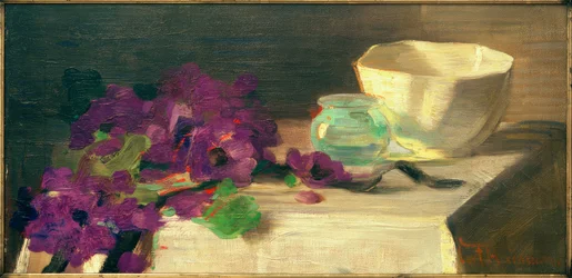 Nature morte avec anémones, vase en verre et bol en porcelaine