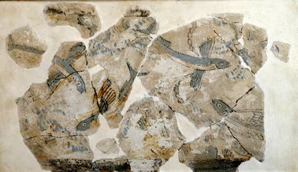 Art cycladique : fragment de fresque représentant des poissons volants (hirondelles de mer). Provenant du site de Phylakopi (île de Milos), 2500 av. J.-C. Dimensions : 23 cm. Athènes, Musée national archéologique