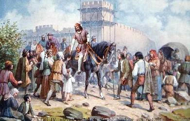 Charles IV saluant les gens ordinaires lors de son expansion des fortifications de Prague en 1361, carte postale du début du XXe siècle