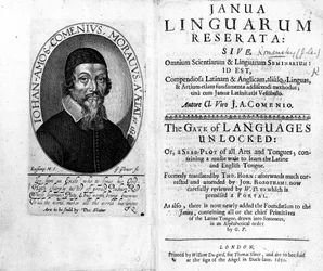 Frontispice et page de titre de Janua Linguarum Reserata avec un portrait de Jan Amos Komensky, gravé par George Glover, 1650