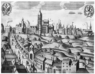 Vue de Prague montrant le Palais Impérial et le Collège de Théologie, vers 1618