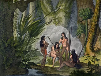 Membres de la tribu Camacani dans les bois de la jungle amazonienne, Brésil, extrait de « Le Costume Ancien et Moderne », volume I, planche 53, par Jules Ferrario, publié vers les années 1820-30