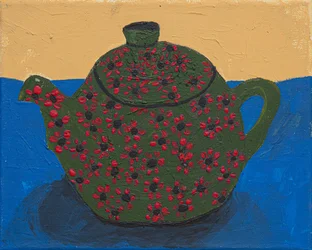 Nature morte avec théière et fleurs vertes