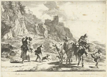 Femme sur un âne chargé, homme avec une vache et autres voyageurs dans un paysage montagneux (Paysages du Sud)