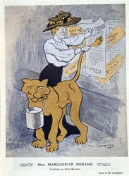 Marguerite Durand collant ses affiches électorales - par Daniel De Losques, dans Fantasio du 01/04/1910