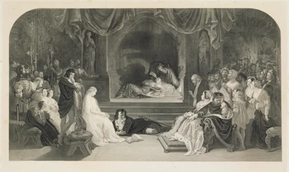 La Scène de la Pièce, Acte III, Scène II de Hamlet de William Shakespeare, gravée par Charles W. Sharpe
