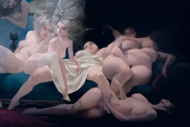 La jeune mariée et ses amies, détail, de Barbe-Bleue de Charles Perrault (1628-1703)