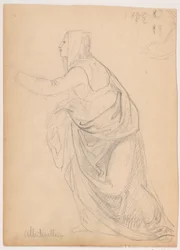 Dessin, Femme en robe tendant la main, d