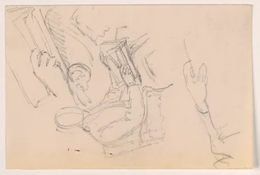 Dessin, Robert L. Stuart, assis, premier portrait, pour le Presbytarian Hospital ; études séparées des bras, 1881