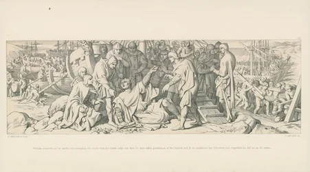 Guillaume trébuche en débarquant, mais, en saisissant la terre de sa main, déclare qu