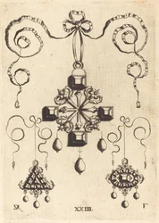 Pendentif avec double croix au centre, entouré de quatre grandes pierres de table