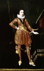 Portrait du roi Charles Ier en prince de Galles, en pied, devant une draperie de velours vert, portant l