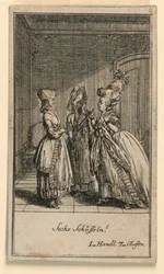 Une femme âgée grondant une fille, illustration de la pièce "Nicht mehr als sachs Schuesseln" de Fredrich Wilhelm Grossman dans "Königl: Grosbrit [anische] Genealogischer Kalender auf das 1782 Jahr Lauenberg bey J.G. Berenberg"