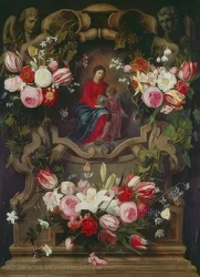 Couronne de fleurs avec la Vierge et l