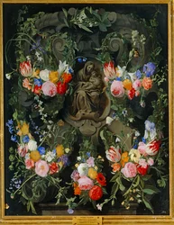 Madone dans une couronne de fleurs (huile sur toile)