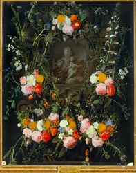 Madone dans une couronne de fleurs (huile sur toile)