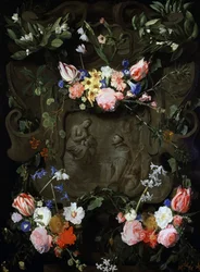 Niche de marbre ornee de fleurs et contenant une representation de l
