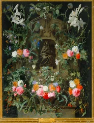 La Vierge dans une couronne de fleurs (huile sur toile)