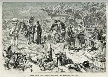 Quelques scènes courantes de la foire de Salone (Croatie), vente de fruits, légumes, volailles et agneaux, ainsi que des tables installées pour se désaltérer. Gravure pour illustrer le voyage en Dalmatie, par Charles Yriarte, en 1874, publiée dans "Le tour