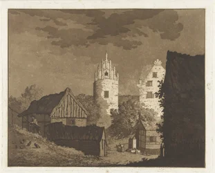 Vue de village avec femme près de la pompe