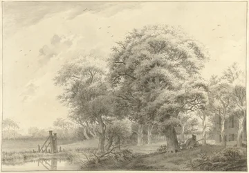 Paysage avec en arrière-plan une maison de campagne de style néoclassique