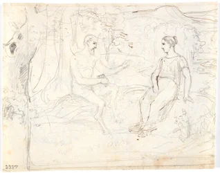 Un satyre avec une flûte et une jeune fille, assis dans une forêt
