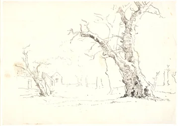 Paysage avec grands chênes, à gauche quelques maisons