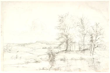 Vue sur un paysage forestier vallonné. Au premier plan, un lac