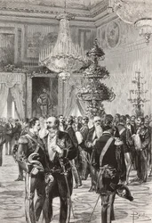 Politiciens et officiers italiens célébrant le réveillon du Nouvel An au Palais du Quirinal, Rome, Italie, gravure de Centenari d
