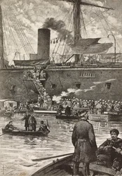 Soldats italiens embarquant sur le cuirassé Principe Amedeo, expédition italienne en mer Rouge, Naples, Italie, gravure d