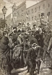 Le roi Umberto I et la reine Margherita revenant de leur visite à Naples frappée par le choléra, Rome, Italie, gravure d