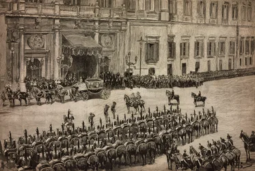 Ouverture du Parlement, arrivée du roi Umberto I à Montecitorio, Rome, Italie, gravure d