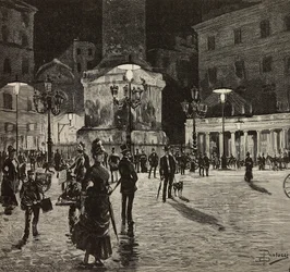 Piazza Colonna illuminée par la lumière électrique, Rome, Italie, dessin de Dante Paolocci, gravure de L