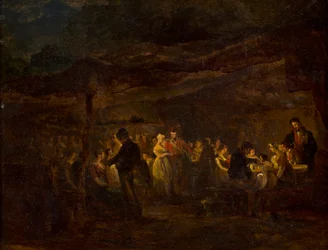 Un banquet du soir, soldats devant un château