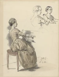 Femme chantant au clavier et deux esquisses de la même femme