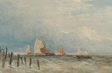 Pêche néerlandaise au large de la côte, avec la Grote Kerk, Dordrecht, au loin.