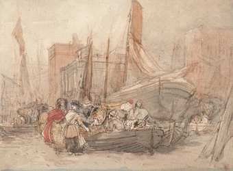 Scène de port avec des bateaux de pêche en cours de déchargement