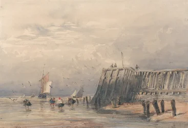Barges à voile et crevettiers au large d
