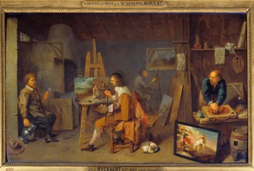 Atelier du peintre avec modèle posant et broyeur de couleurs. Peinture de David III Ryckaert (1612-1661)