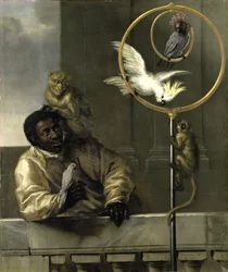Homme noir avec des perroquets et des singes, 1670