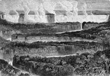 Vue des grandes cataractes du Zambèze, connues sous le nom de Mosi-oa-Tunya ou Chutes Victoria, Zambie, gravure du Récit de l